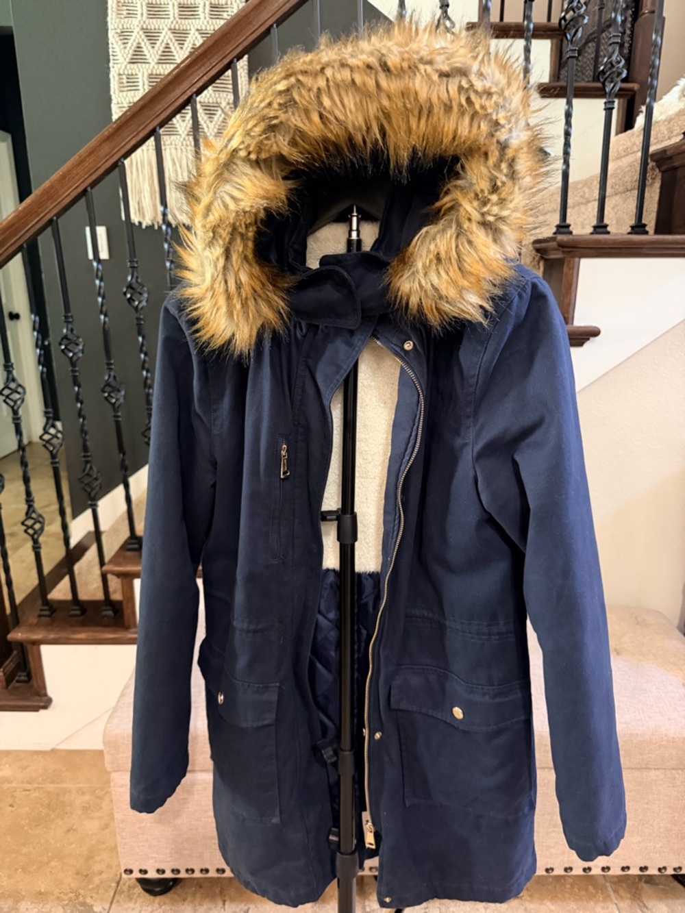 Women’s Navy Parka with Faux Fur Trim